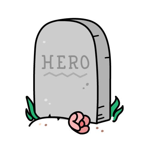 A simple gray tombstone with "HERO" engraved on it, a pink rose at its base, and small green leaves sprouting from the ground.