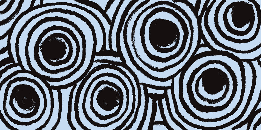 Abstract pattern of black and white concentric circles creating a hypnotic, repeating design against a light blue background