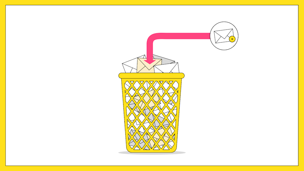 A yellow wastebasket filled with envelopes, with a pink arrow pointing from a circular icon of a deleted email into the bin.