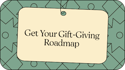 A cream-colored tag with "Get Your Gift-Giving Roadmap" text against a sage green background with geometric pattern design
