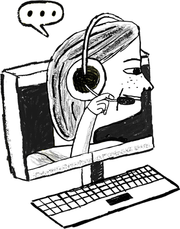 Black and white sketch of a customer service representative with headset at a computer, shown in profile with a speech bubble above