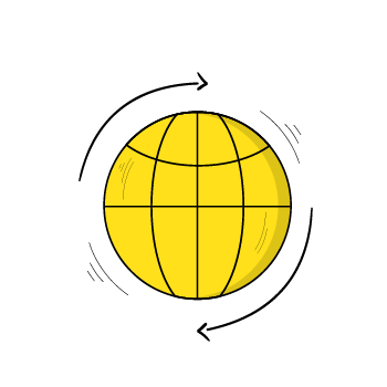 launch your business - Yellow globe or sphere with grid lines rotating, shown with curved arrows indicating circular movement