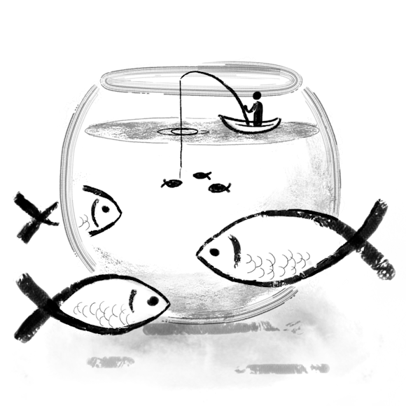 Fishbowl with figure in a boat fishing