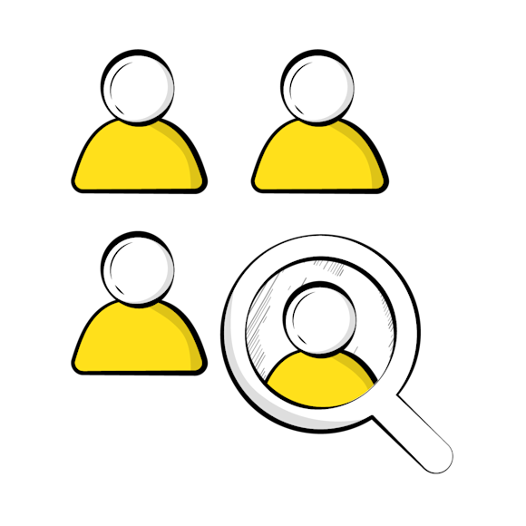 market your business - Simple icon illustration showing three yellow user profile figures with one being examined under a magnifying glass