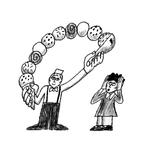 Man with 10 scoops of ice cream on a cone