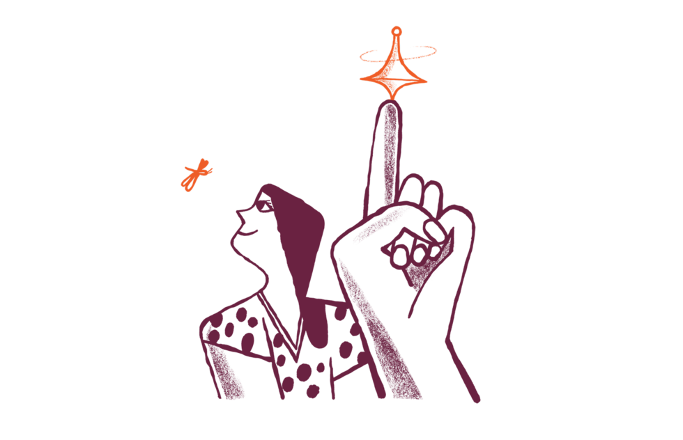 Abstract design with three orange circular shapes on a deep purple background, with a white rectangular element on the right side