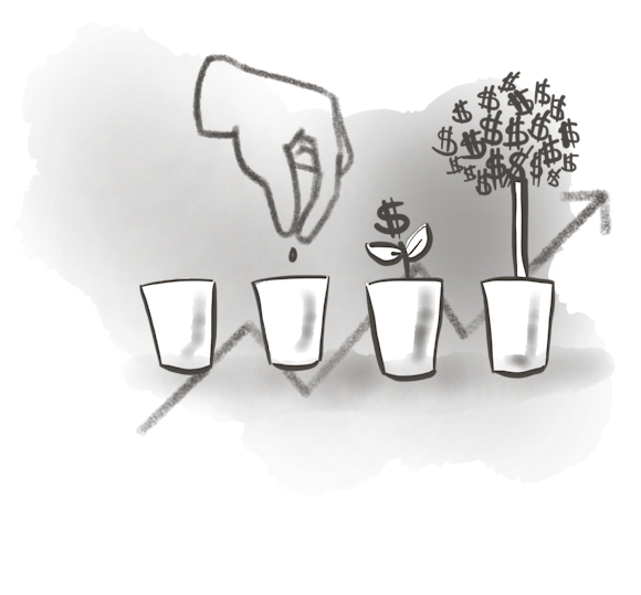 Cups with planted seeds represented stages of funding.