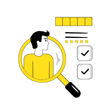 what is behavioral targeting - Simple line drawings in black and yellow showing a magnifying glass icon, checkmarks, and a status icon