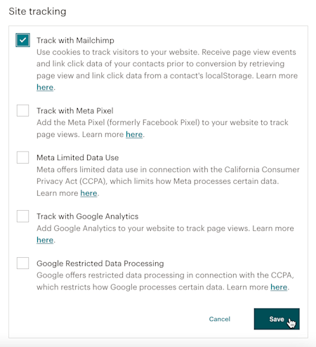 In the Site tracking section, select an option, then click Save