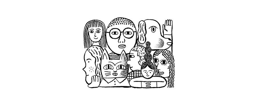 Doodle of different faces next to each other. There is a mix of male presenting people, female presenting people, and animals. 