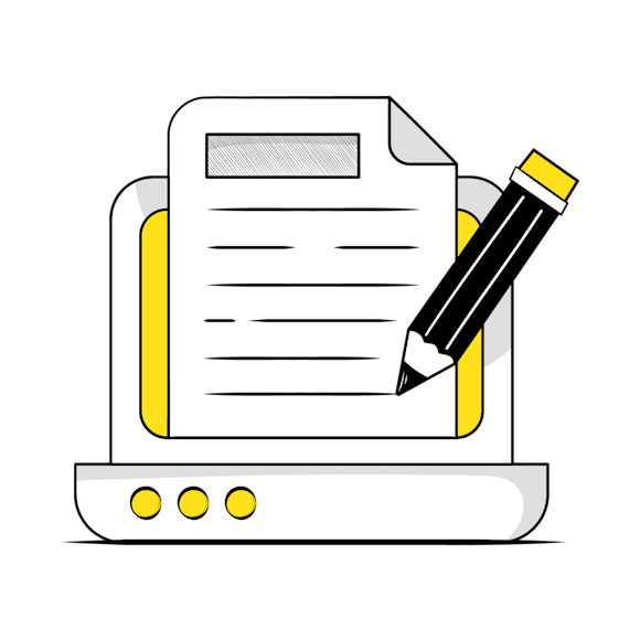 Minimalist illustration of a computer screen displaying a document with text lines and a black pencil with yellow accents