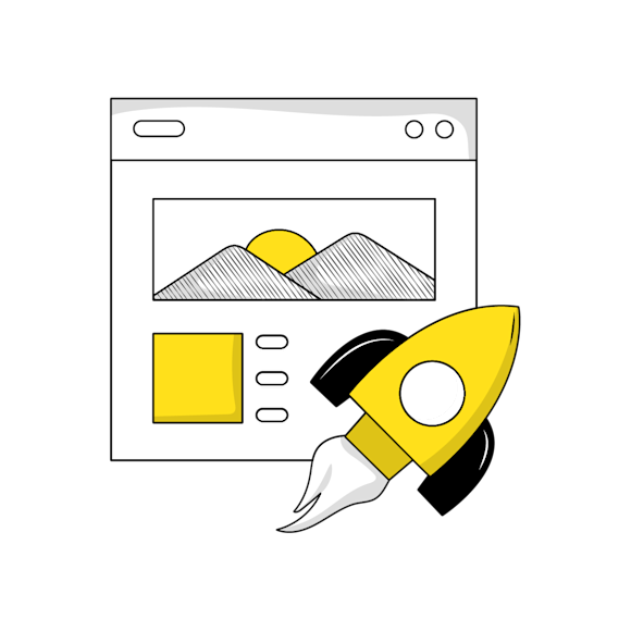 Line drawing of a browser window showing mountains and sun, with a yellow rocket icon beside it, representing website launch or optimization