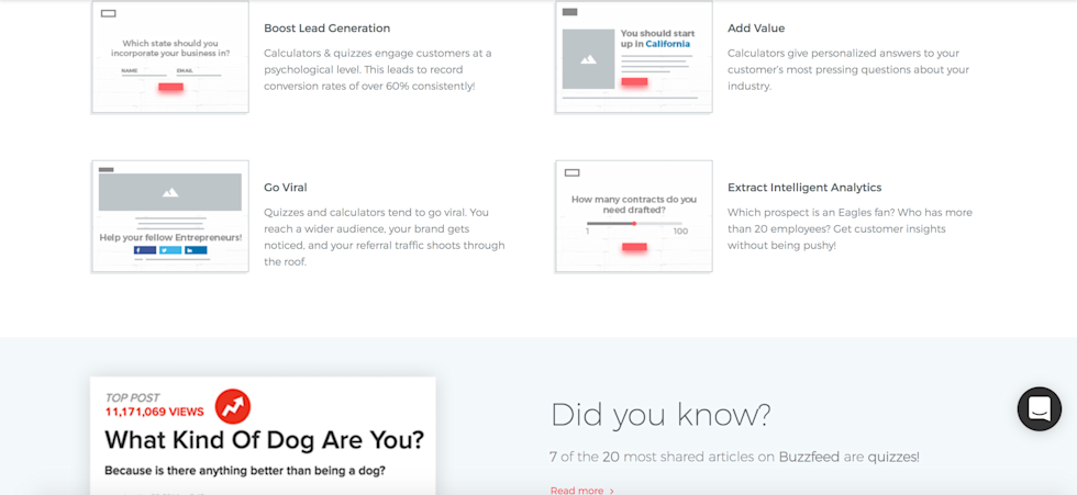 Screenshot of what benefits Outgrow's tools help with on your site.