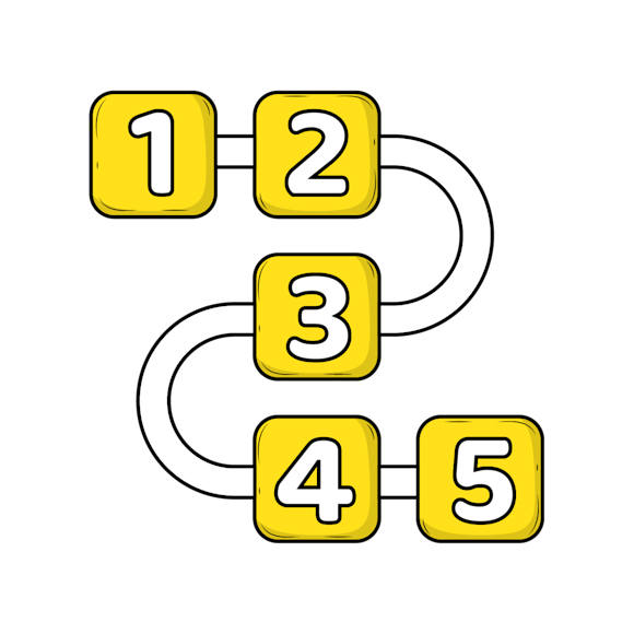 launch your site - Numbers 1 through 5 arranged vertically in yellow square tiles connected by curved lines