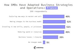 France SMBs
Changes made to business strategy or operations
Exploring new ways to market and sell 49%
Making changes to the business model 52%
Investing in new skills, people, or processes 51%
Reducing spend or resources 49%
Business losses/closures 35%
No changes made 5%