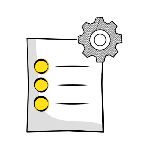 XML attributes - A simple line drawing showing three yellow dots in a vertical column and a gear icon