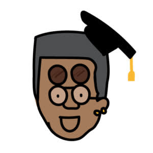 Cartoon illustration of a smiling graduate with round glasses and black graduation cap with yellow tassel