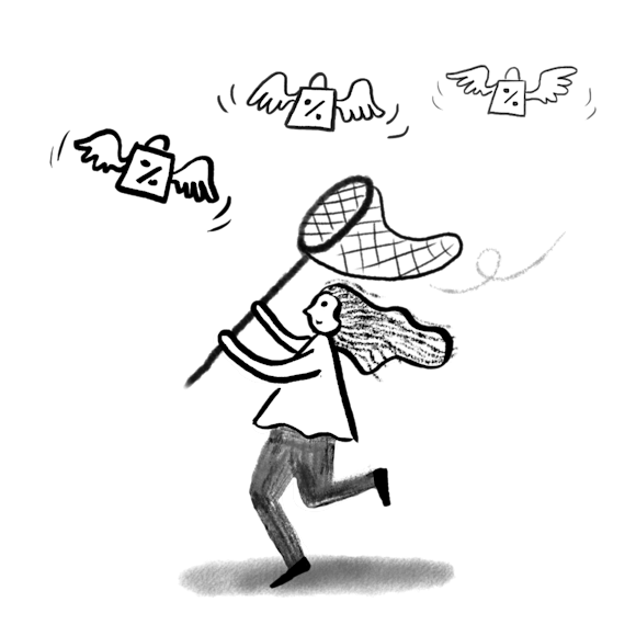 Woman with a net, trying to catch “discounts”