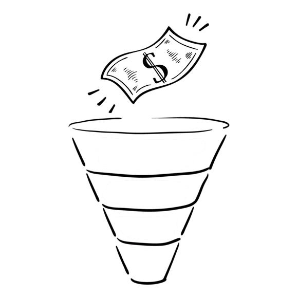 Graphic of a sales funnel with a dollar bill at the top