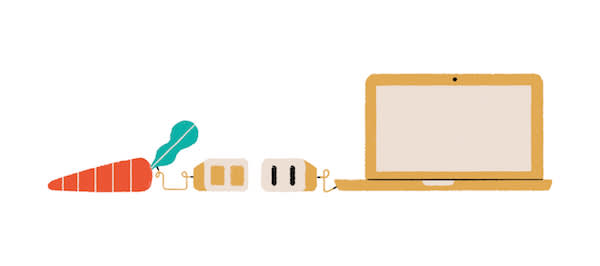 Illustration showing carrot, feather pen, and paper documents connected in sequence to a gold laptop computer