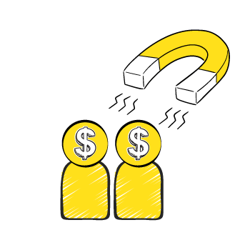 track your CAC - two figure icons with dollar signs in the head and a magnet attracting them