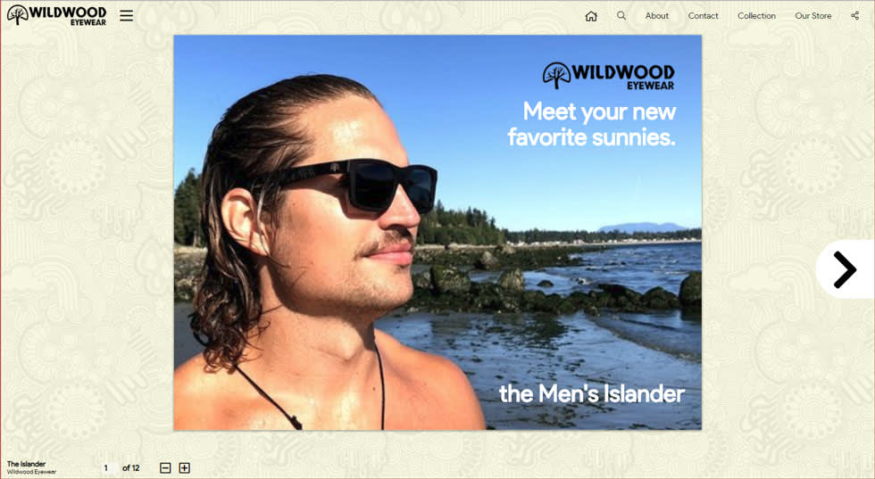 Image of an add with a person wearing sunglasses and the text wildwood eyewear. meet your new favorite sunnies. the men's islander.