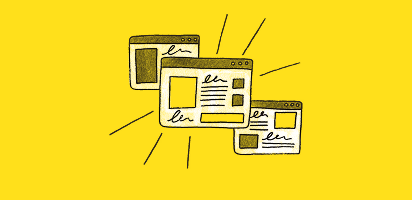 Hand-drawn illustration of three overlapping browser windows on bright yellow background with radiating lines