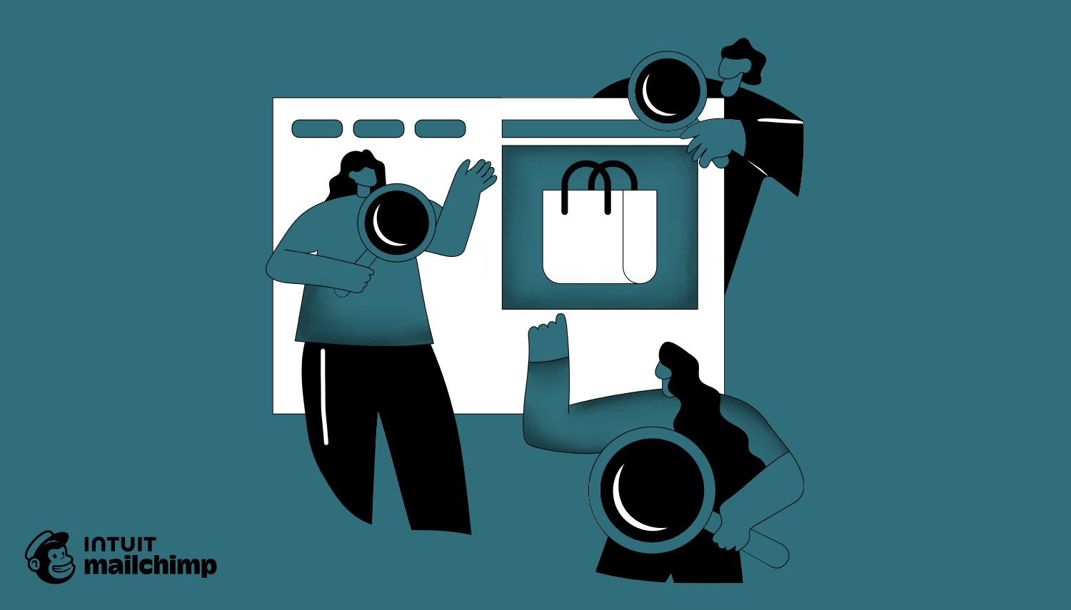 Stylized illustration showing three figures with magnifying glasses examining a webpage with a shopping bag icon, in teal and black colors