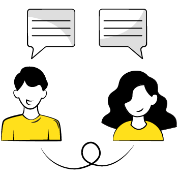 earned vs paid media - Two people in yellow shirts with speech bubbles above them, connected by a curved line
