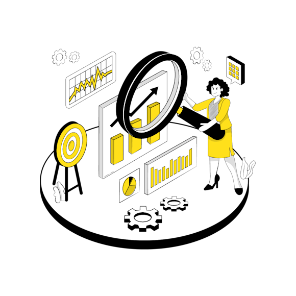 Woman holding a magnifying glass over a graph with a target nearby