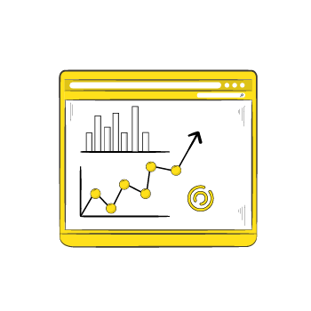 who is your target audience - Simple line drawings of computer screens and browser windows with upward trending graphs and circular icons in yellow and black