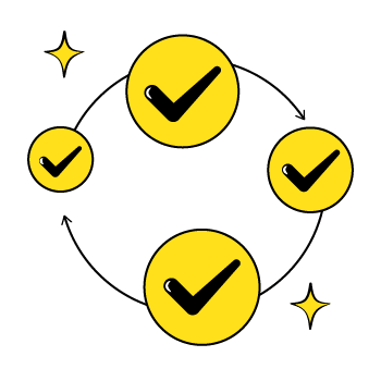 expired domain concept - Yellow circular icons with black checkmarks arranged in a scattered pattern with small star sparkle decorative elements