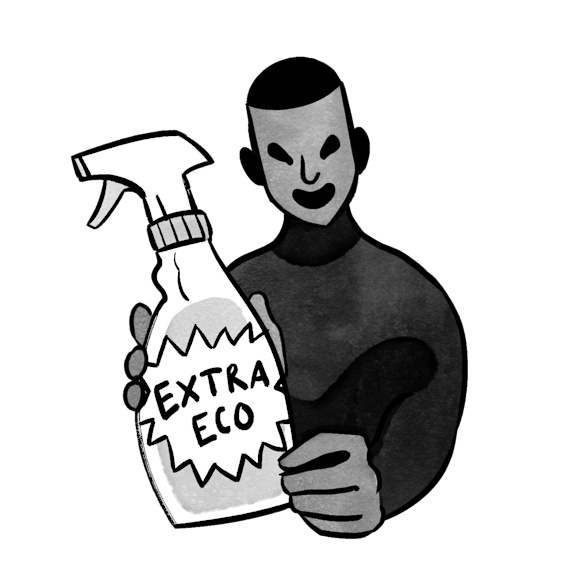 person holding a spray bottle labeled "EXTRA ECO" in a simple, graphic illustration style