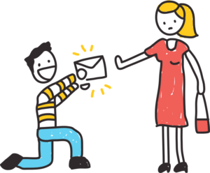 Cartoon illustration of a kneeling person in striped shirt offering an envelope to a standing person in a red dress
