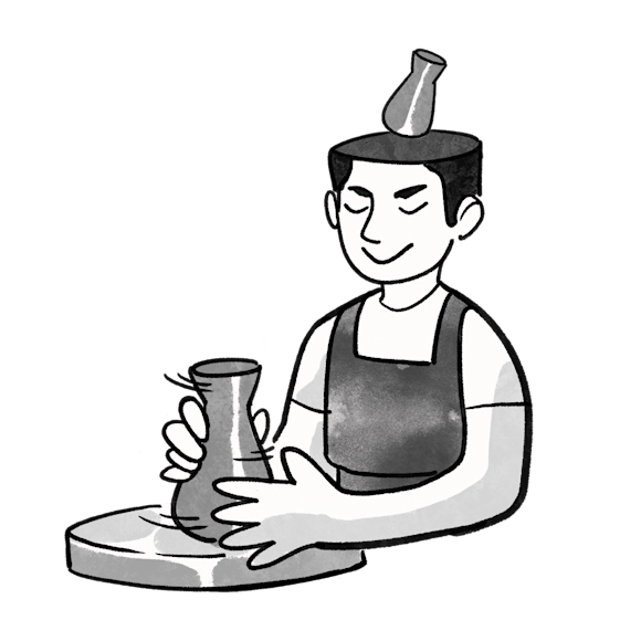 A cartoon potter in an apron works at a wheel, shaping a vase with focused concentration, while balancing another vase on their head