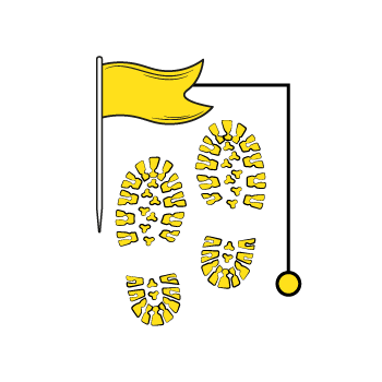 marketing goal steps - Yellow shoe prints and a flag leading to a location point