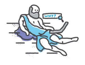Simple line drawing of a person lounging comfortably in casual clothes with a "WHY?" speech bubble above