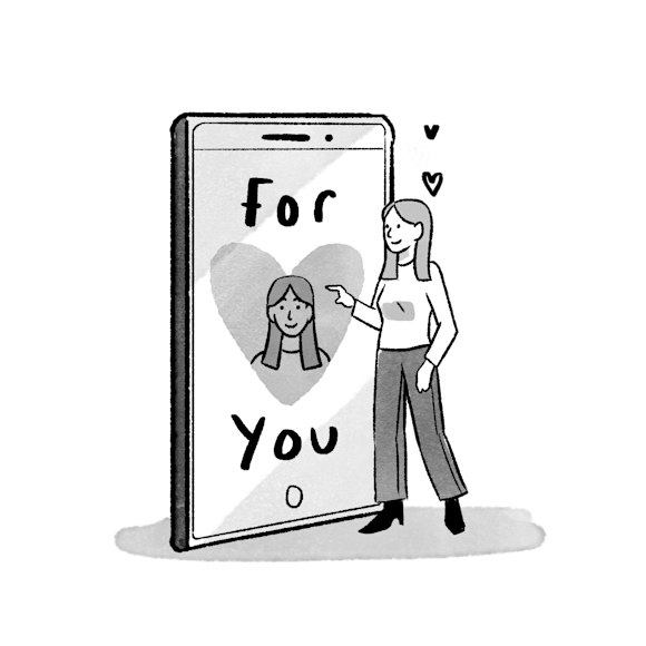 woman next to large phone that says “for you”