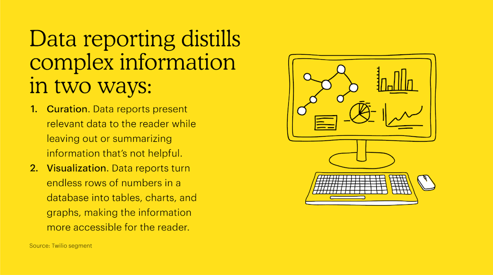Data reporting distills complex information in two ways: