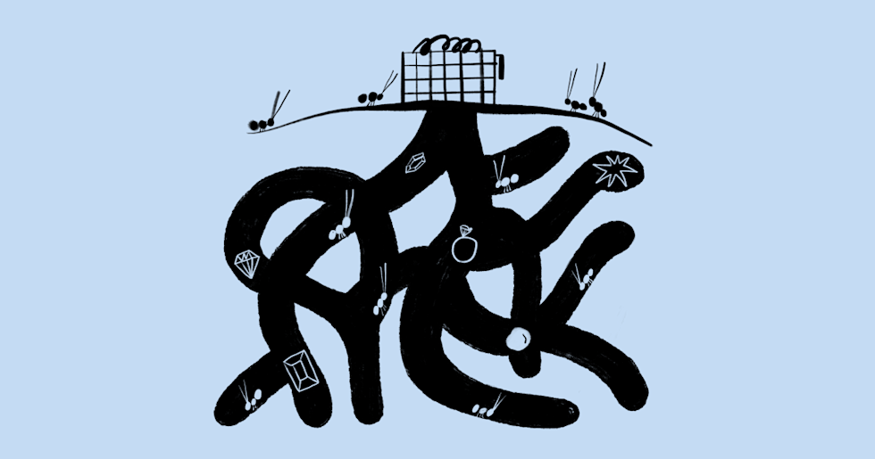 Illustration of ants extracting valuable items from the ground.