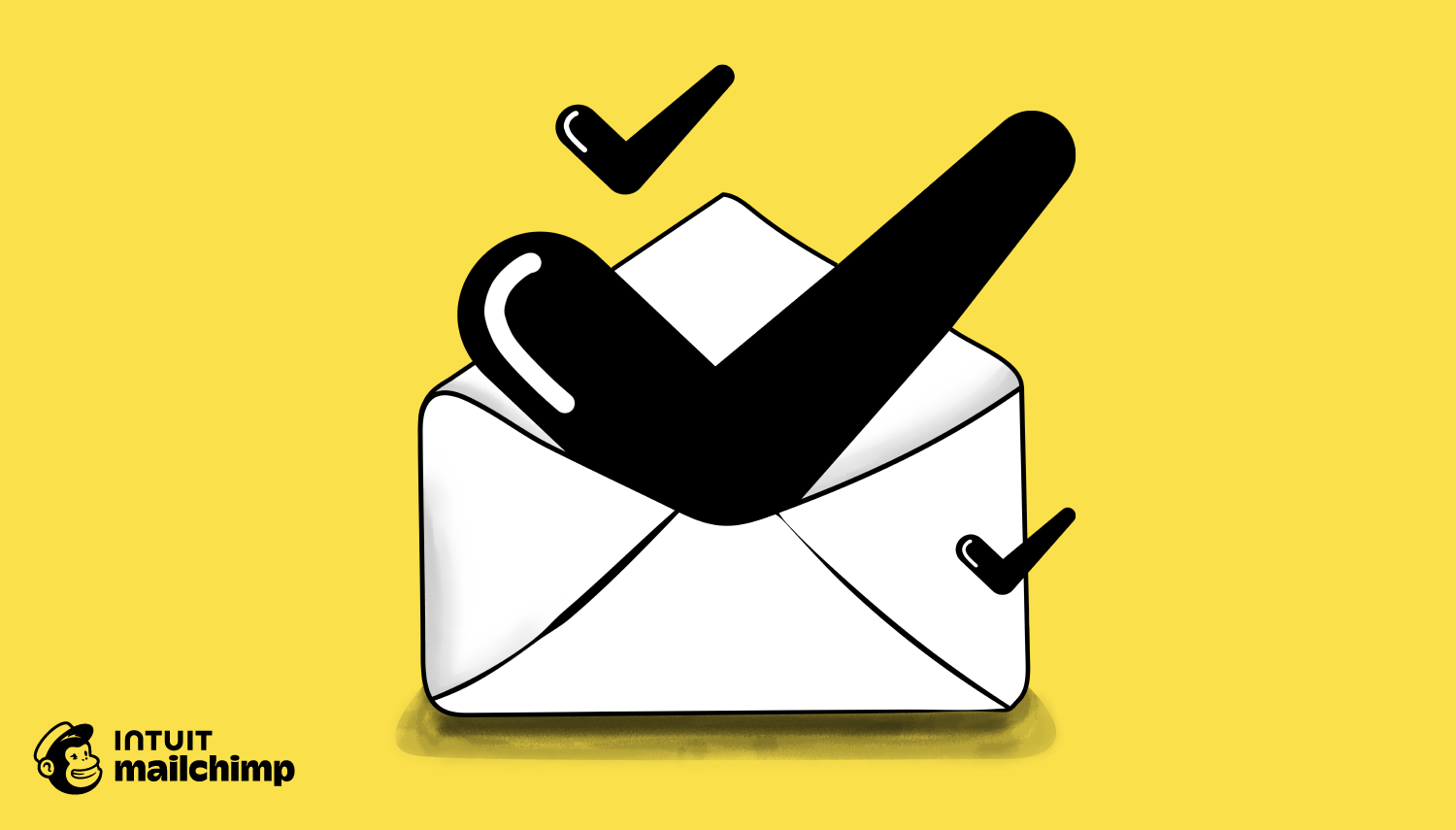 Black and white checkmark icon on yellow background with Intuit Mailchimp logo at bottom