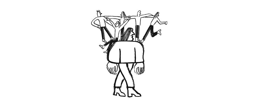 Doodle of person supporting 5 other people on their shoulders, representing lifting others up.