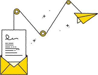 Yellow envelope with document connected by dotted line to paper airplane, showing message sending path with gold connection points