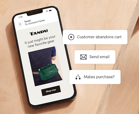 Mobile phone displaying an e-commerce app interface with customer journey options and a product image of a green fanny pack