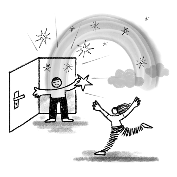 Person walking out the door, other person dancing, rainbow in background