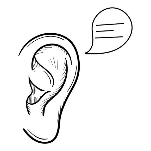 Graphic of an ear with a speech bubble next to it