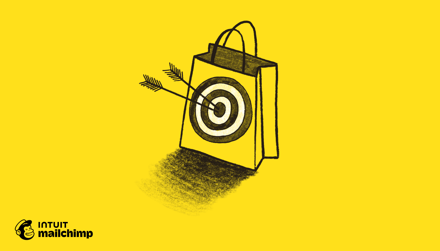 Illustration of a shopping bag with a bullseye target and arrow on yellow background, with Mailchimp logo below