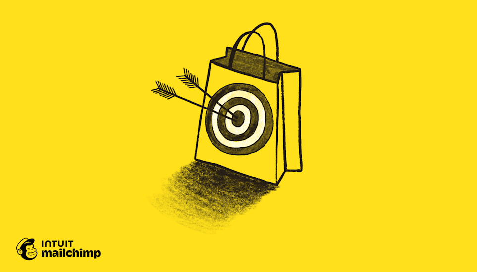 Illustration of a shopping bag with a bullseye target and arrow on yellow background, with Mailchimp logo below