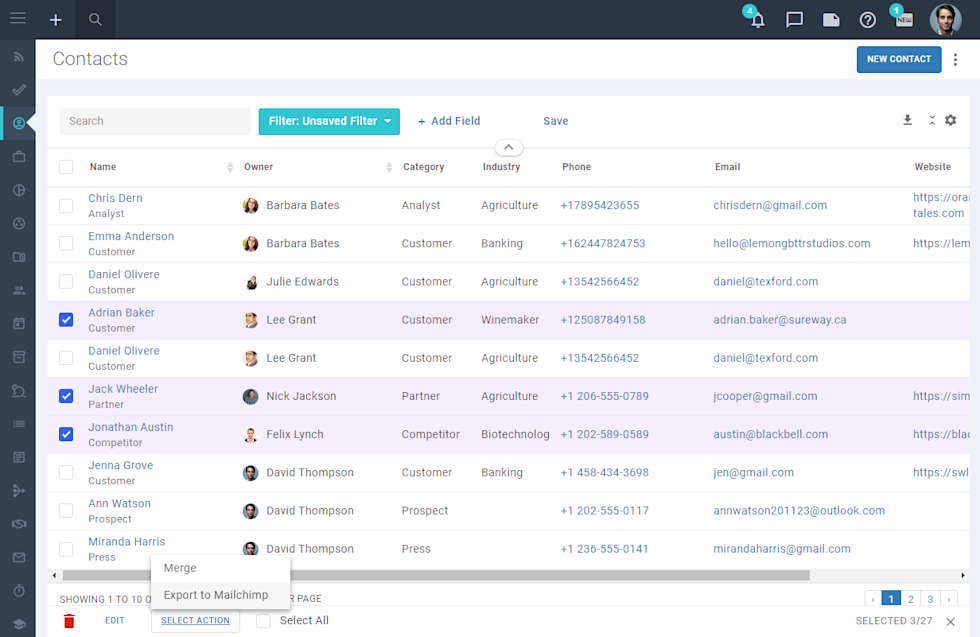 Export contacts to Mailchimp automatically or manually with a single click