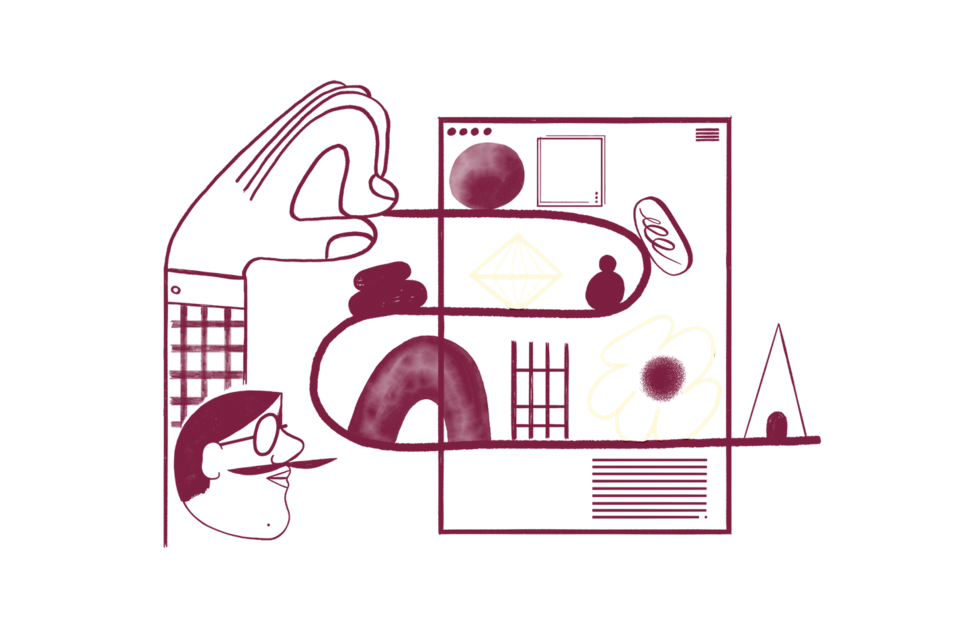 Two cream-colored abstract shapes on a deep burgundy background, one circular with a center hole and one irregular polygon